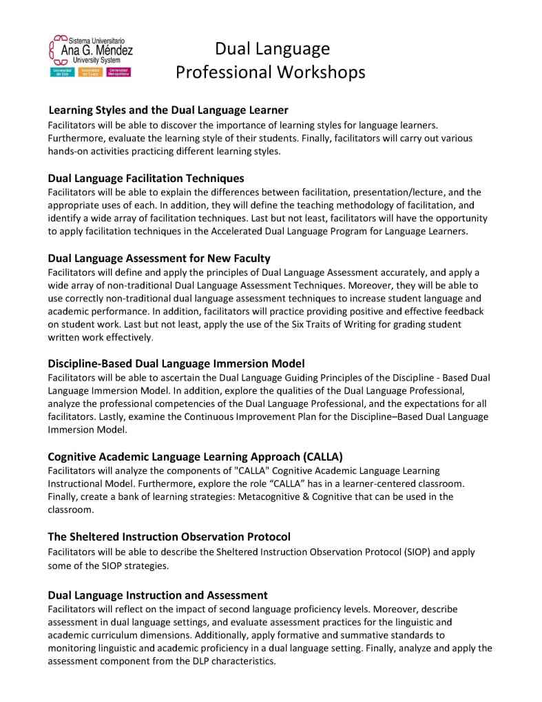 AGMUS Dual Language Workshops with descriptions  Requested Jan  19 20161
